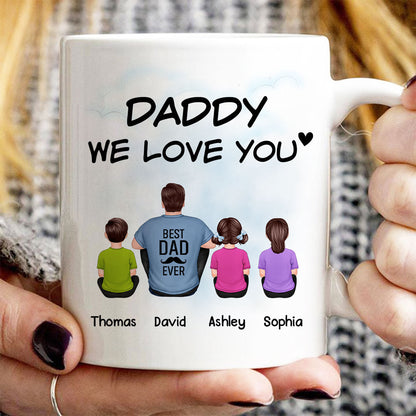 Daddy We Love You Back View Man Sitting With Kids Dog Cat Personalized Mug