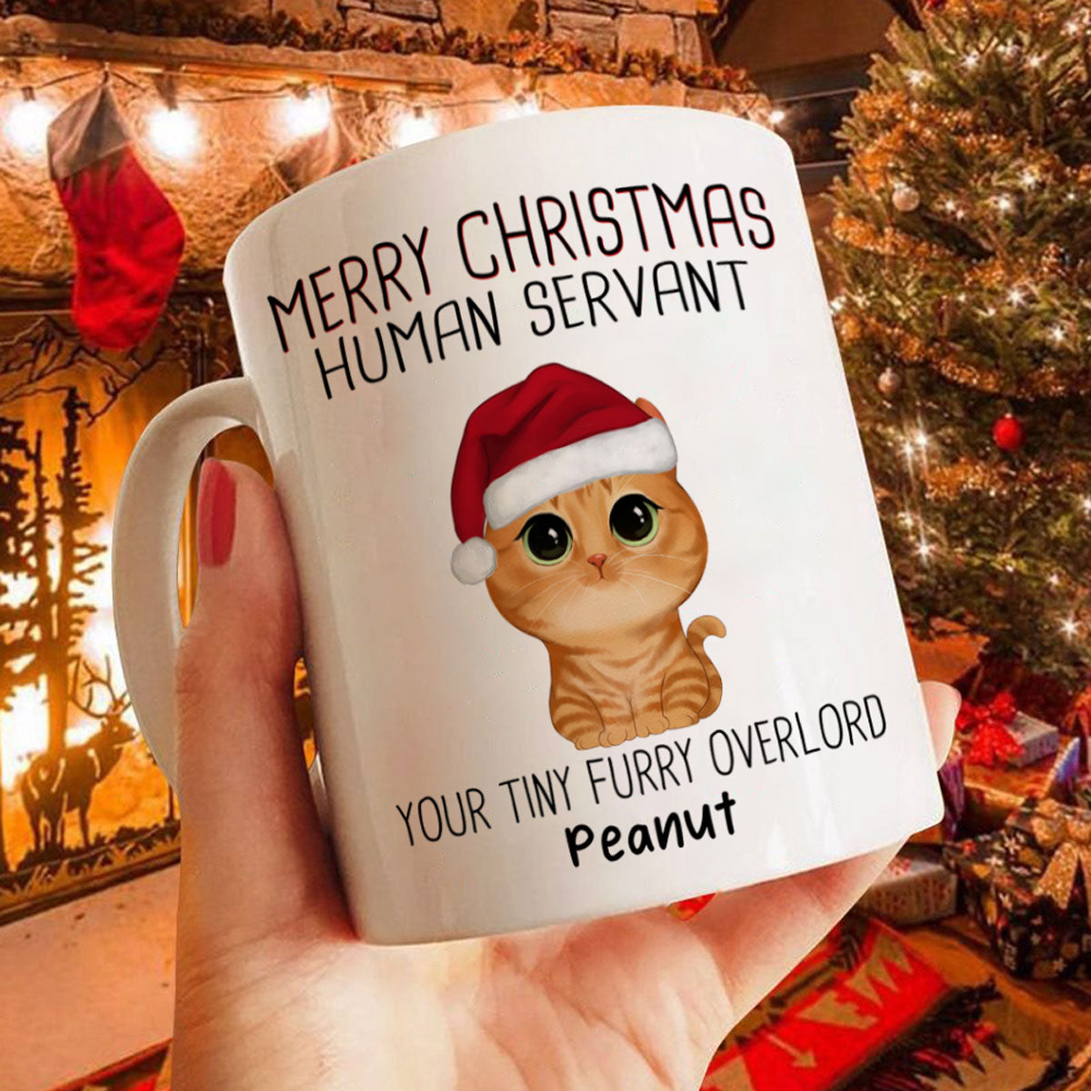 Watercolor Cute Cats Merry Christmas Human Servant Personalized Mug
