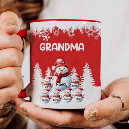 Grandma's Christmas Mug with Snowman Family, Cute Red Winter Scene, Durable Ceramic, Warm Morning Coffee, Creative Gift