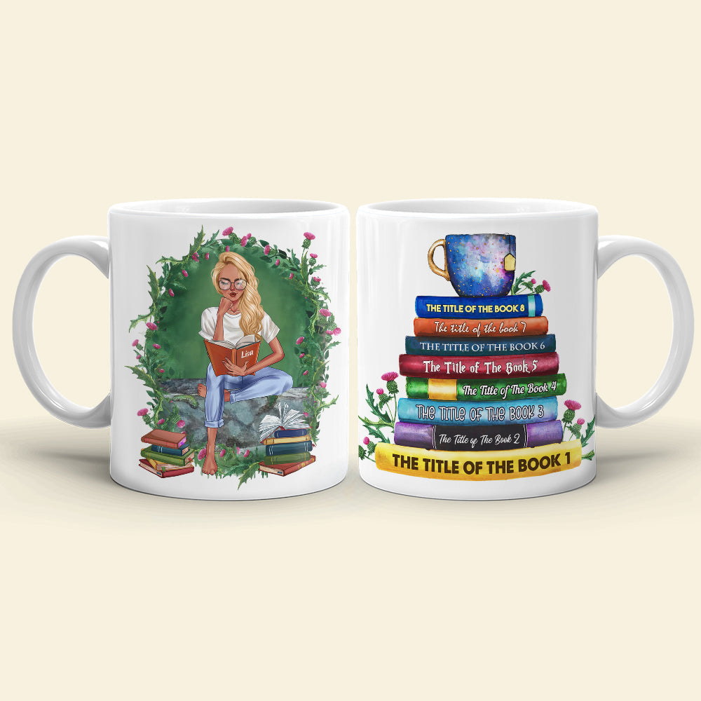 Custom Book Titles - Personalized Book and Coffee Mug - A Sitting Girl Reads Book 3HUHI180122