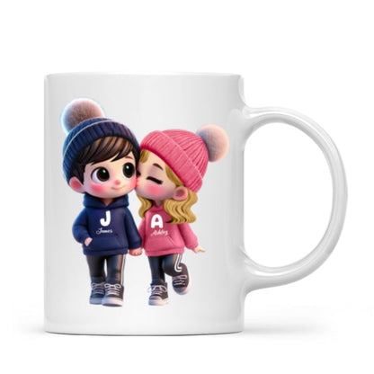 3D Effect Cute Cartoon Couple Walking Personalized Mug, Perfect Valentine'Day Gift for him, Gift for her