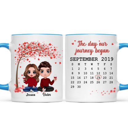 Doll Couple Sitting Under Red Tree Calendar Anniversary Date Gift For Him For Her Personalized Mug