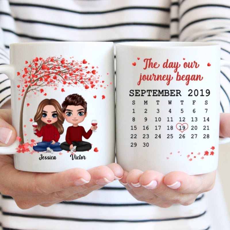 Doll Couple Sitting Under Red Tree Calendar Anniversary Date Gift For Him For Her Personalized Mug