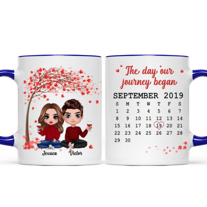 Doll Couple Sitting Under Red Tree Calendar Anniversary Date Gift For Him For Her Personalized Mug