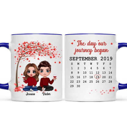 Doll Couple Sitting Under Red Tree Calendar Anniversary Date Gift For Him For Her Personalized Mug