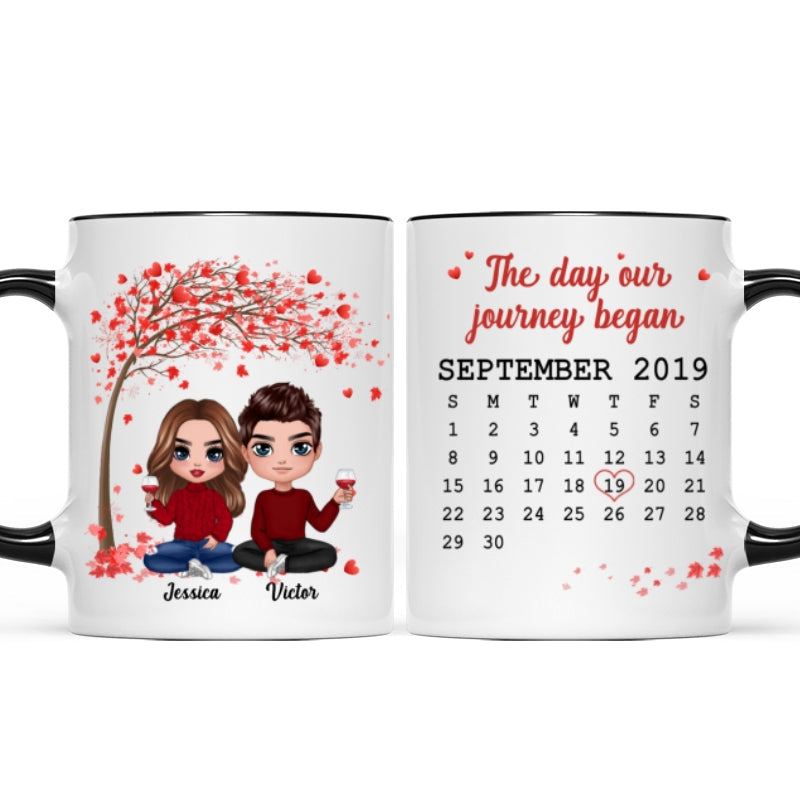Doll Couple Sitting Under Red Tree Calendar Anniversary Date Gift For Him For Her Personalized Mug