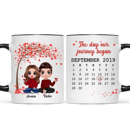 Doll Couple Sitting Under Red Tree Calendar Anniversary Date Gift For Him For Her Personalized Mug