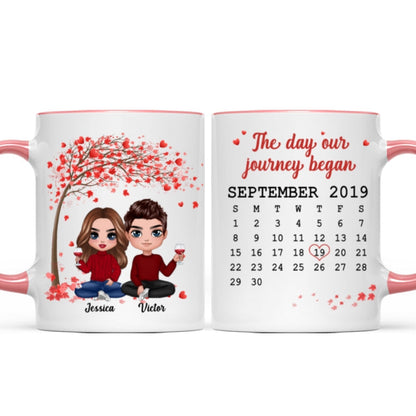 Doll Couple Sitting Under Red Tree Calendar Anniversary Date Gift For Him For Her Personalized Mug