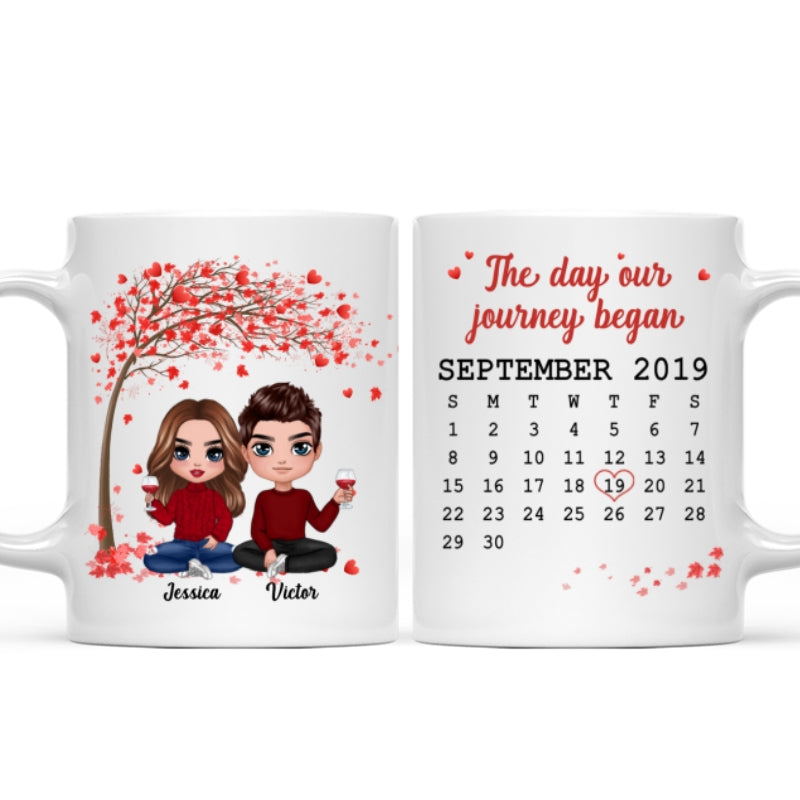Doll Couple Sitting Under Red Tree Calendar Anniversary Date Gift For Him For Her Personalized Mug