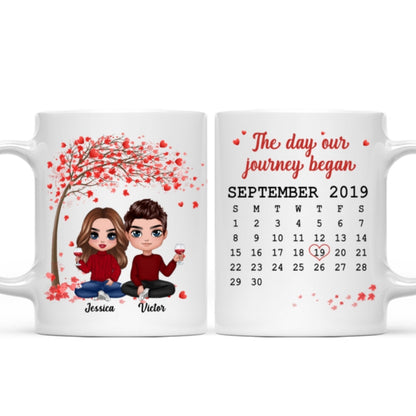 Doll Couple Sitting Under Red Tree Calendar Anniversary Date Gift For Him For Her Personalized Mug