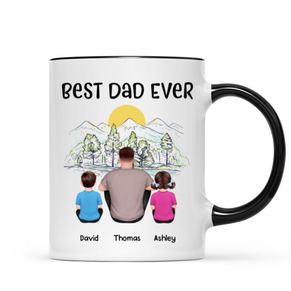 Best Dad Ever Mountain Sketch Back View Man Kids Dog Cat Personalized Mug