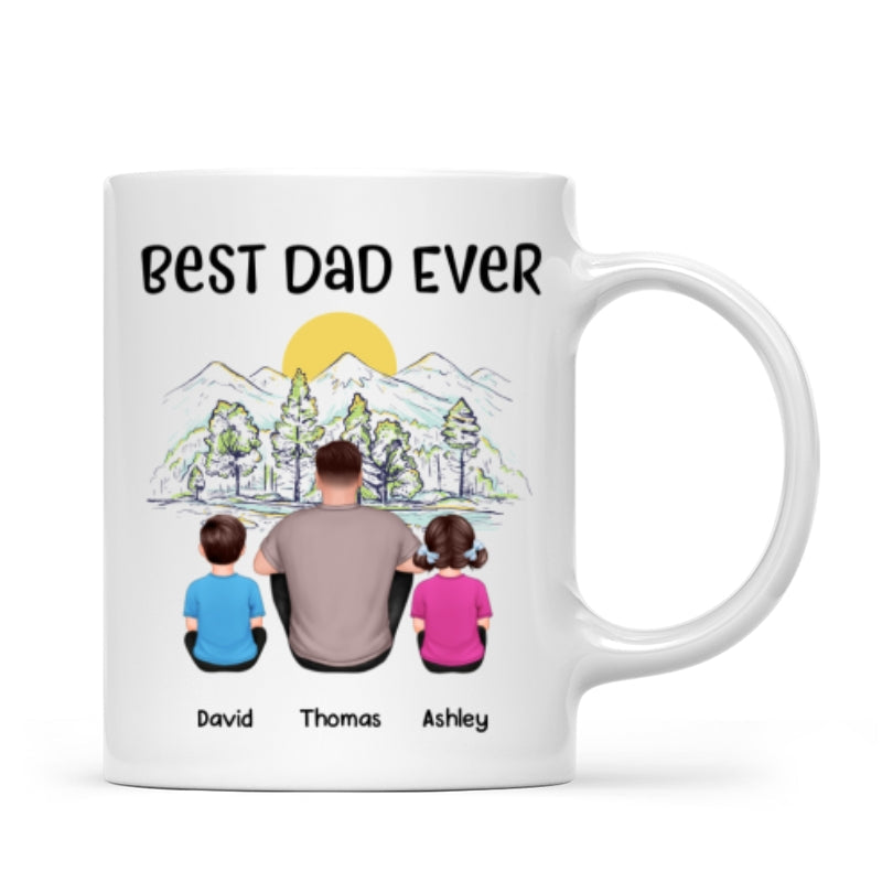 Best Dad Ever Mountain Sketch Back View Man Kids Dog Cat Personalized Mug
