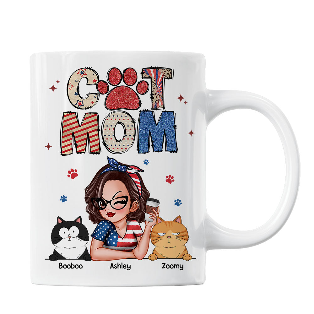 Cat Mom 4th of July America Sparkly Pattern Personalized Mug, Independence Day