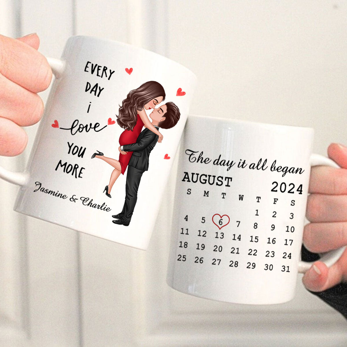 Everyday I Love You More Couple Hugging Kissing Calendar Keepsake Gift Personalized Mug