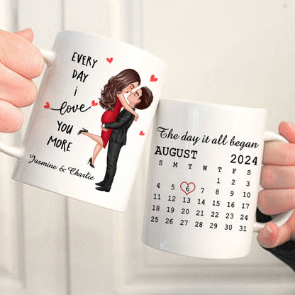 Everyday I Love You More Couple Hugging Kissing Calendar Keepsake Gift Personalized Mug