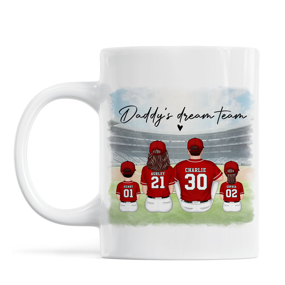 Daddy's Team Baseball Family Sitting Personalized Mug, Gift For Dad, Grandpa, Husband