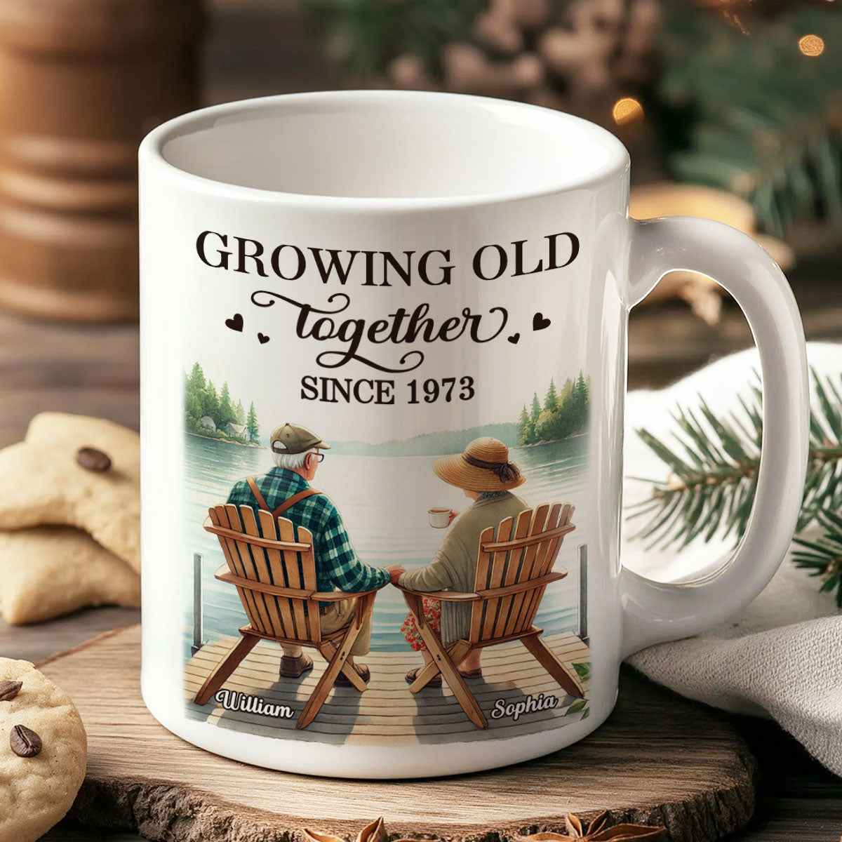 Back View Old Couple Sitting Together On The Lake Dock Personalized Mug, Heartfelt Gift For Him, For Her, Husband, Wife