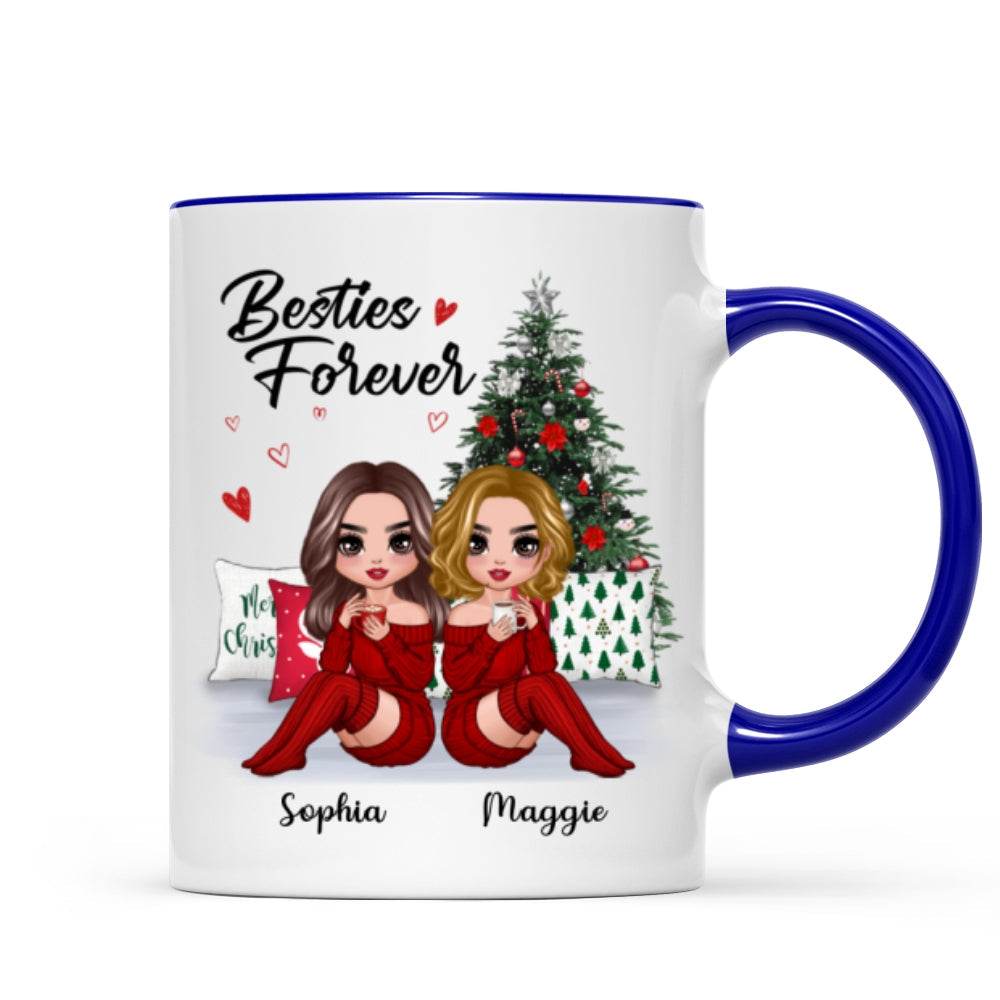 Doll Besties Sitting Beside Christmas Tree Personalized Mug