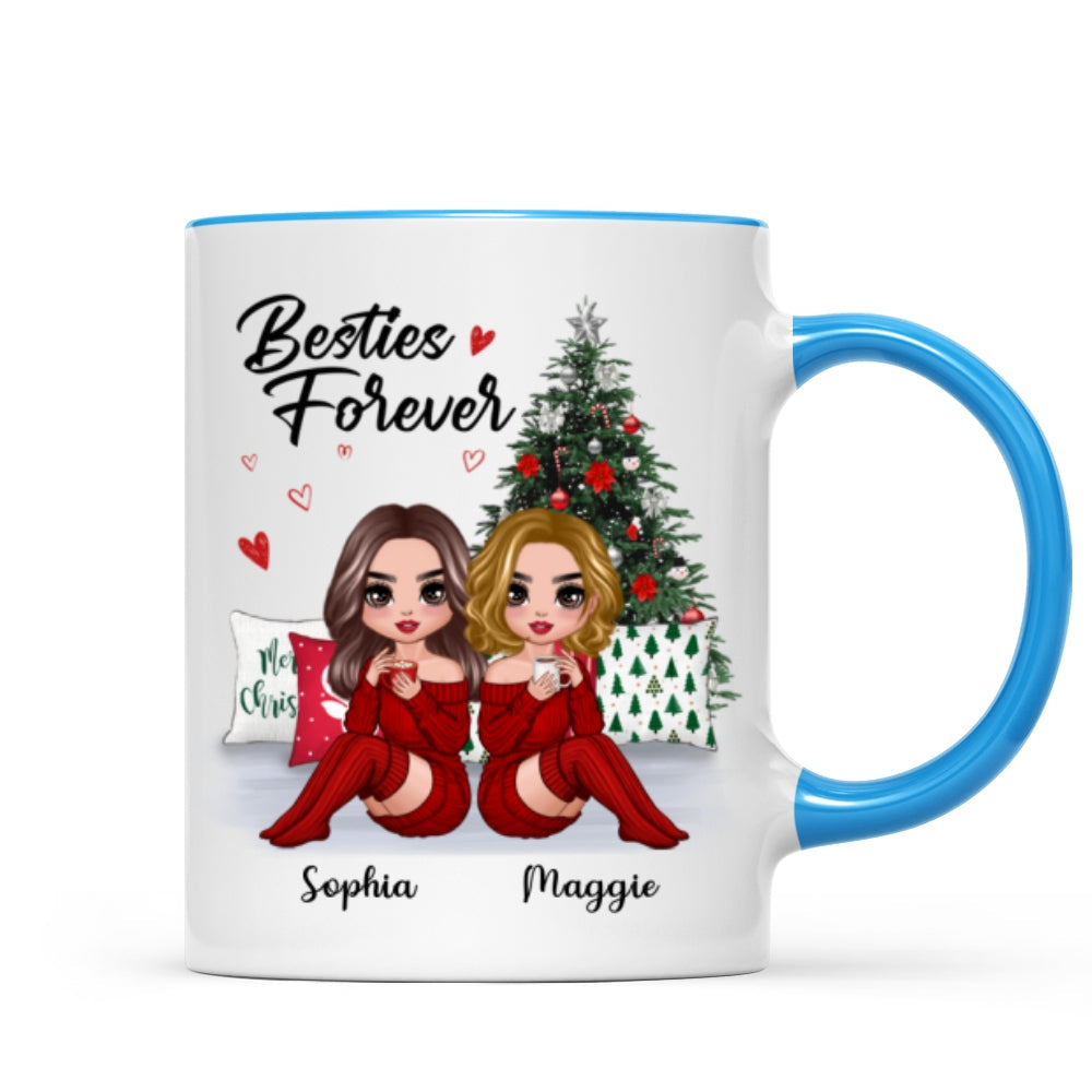 Doll Besties Sitting Beside Christmas Tree Personalized Mug