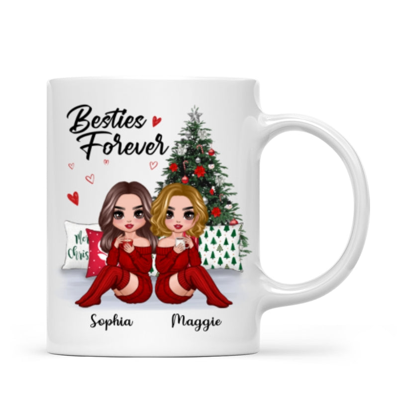 Doll Besties Sitting Beside Christmas Tree Personalized Mug