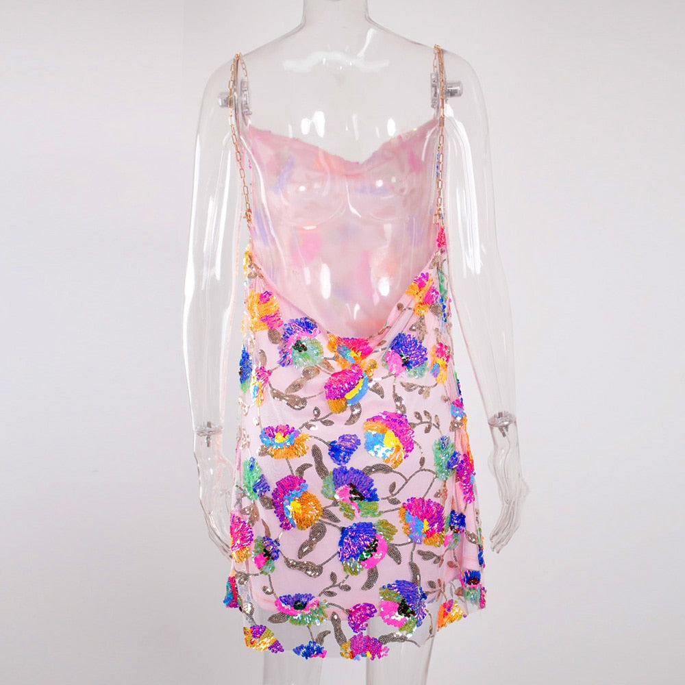 Sequined Chain Strap Mini Dress