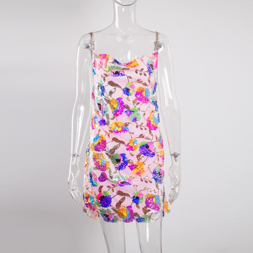 Sequined Chain Strap Mini Dress