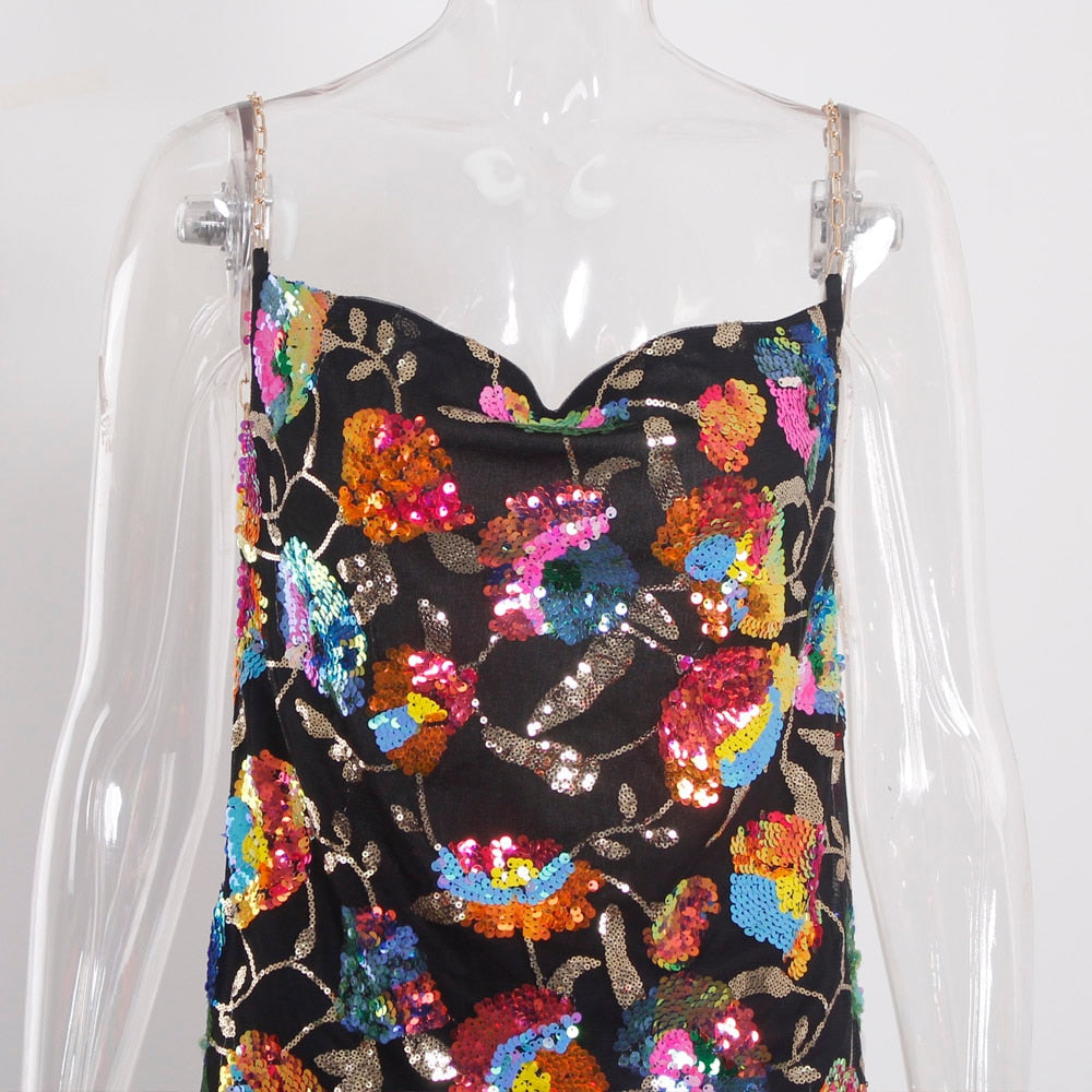 Sequined Chain Strap Mini Dress