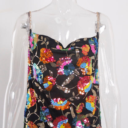 Sequined Chain Strap Mini Dress
