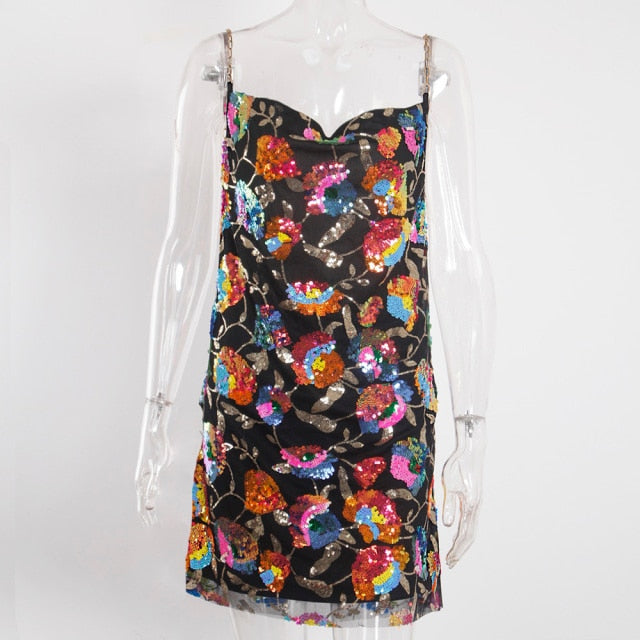 Sequined Chain Strap Mini Dress