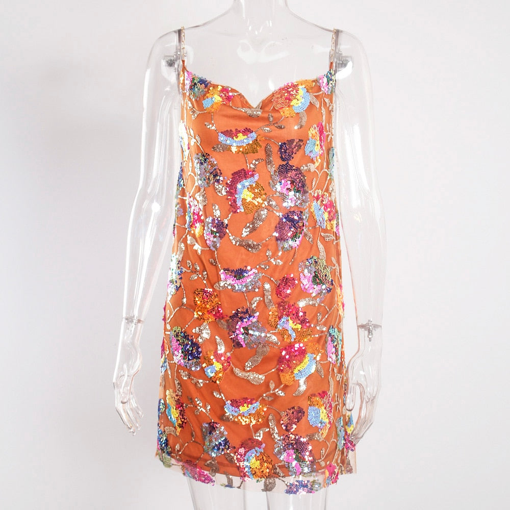 Sequined Chain Strap Mini Dress
