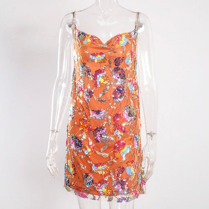 Sequined Chain Strap Mini Dress