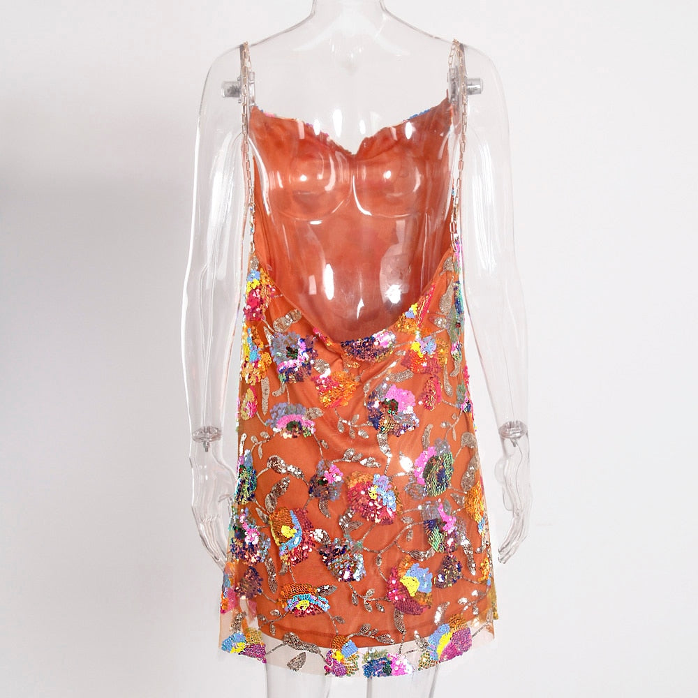 Sequined Chain Strap Mini Dress