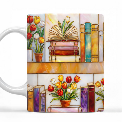 Colorful Books & Tulips In Bloom - Personalized White Edge-to-Edge Mug - Gift For Her, Book Lovers HH01