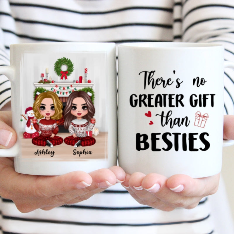Christmas Doll Besties Sitting At Fireplace Personalized Mug