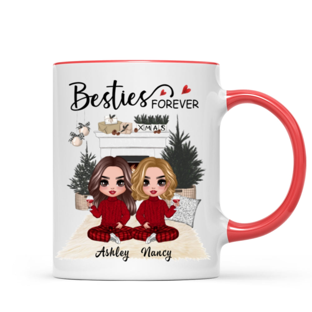 Christmas Doll Besties At Fireplace Personalized Mug
