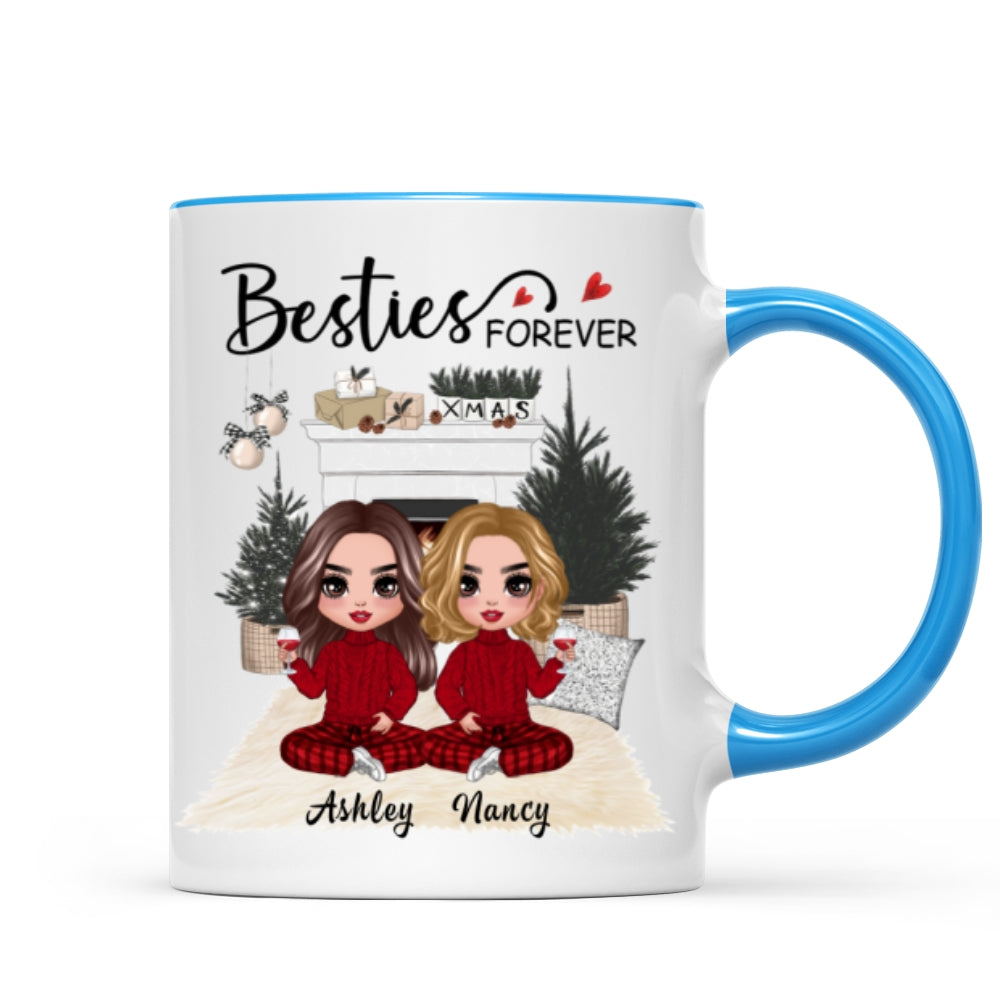 Christmas Doll Besties At Fireplace Personalized Mug