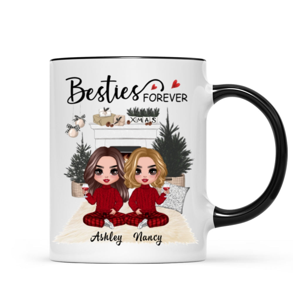 Christmas Doll Besties At Fireplace Personalized Mug