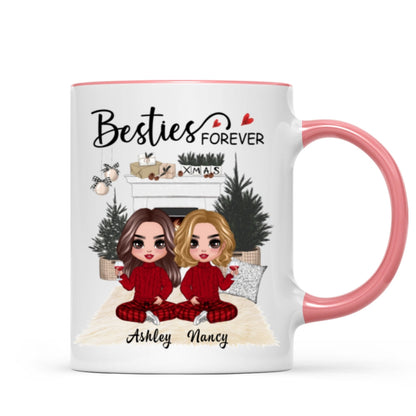 Christmas Doll Besties At Fireplace Personalized Mug