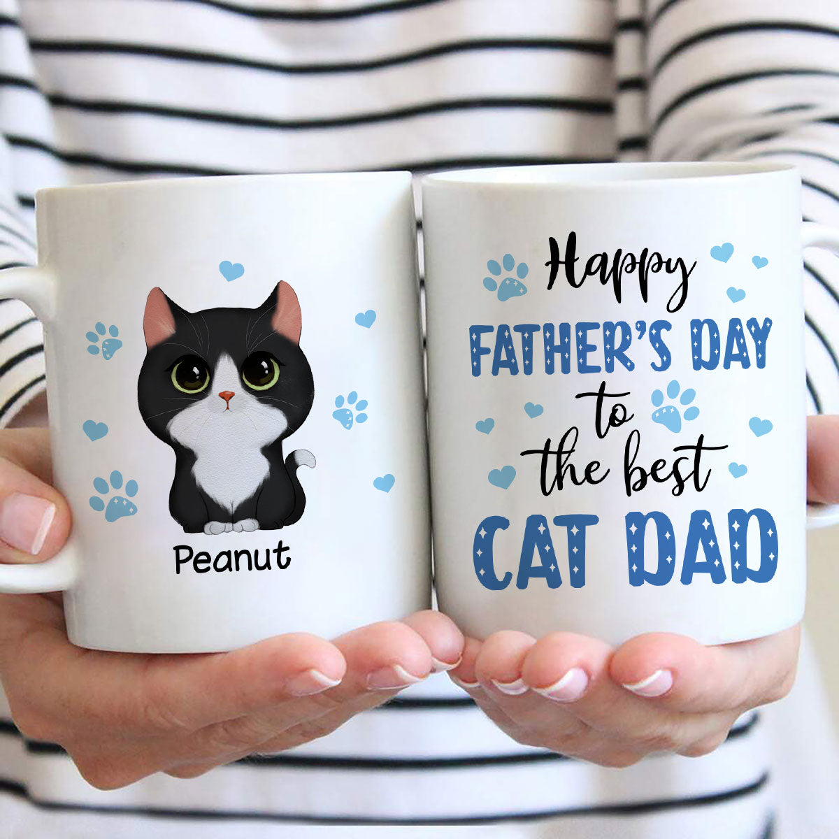 Blue Hearts Happy Father's Day To The Best Cat Dad Watercolor Cute Cats Personalized Mug