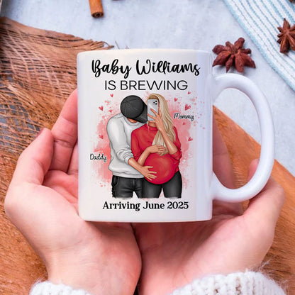 Baby Is Brewing Pregnancy Hugging Couple Personalized Mug Expecting Mom Gift, Expecting Parents Gift, Gift