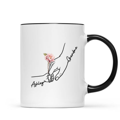 Kids Holding Grandma Mom Hand Birth Month Flowers Personalized Mug