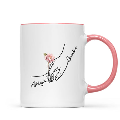 Kids Holding Grandma Mom Hand Birth Month Flowers Personalized Mug