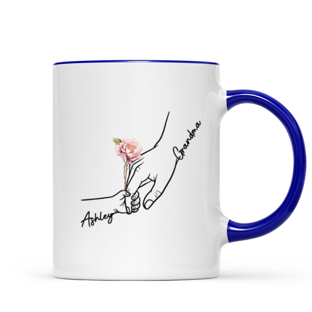 Kids Holding Grandma Mom Hand Birth Month Flowers Personalized Mug