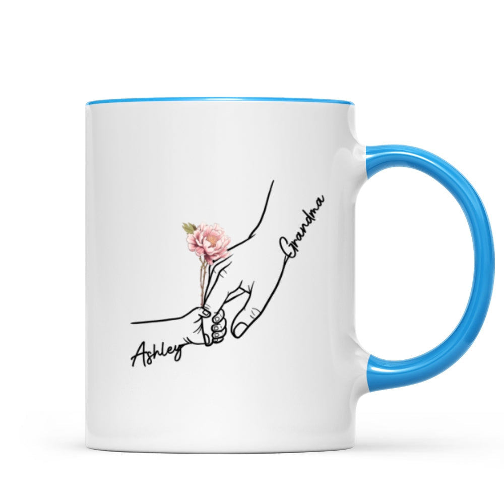 Kids Holding Grandma Mom Hand Birth Month Flowers Personalized Mug