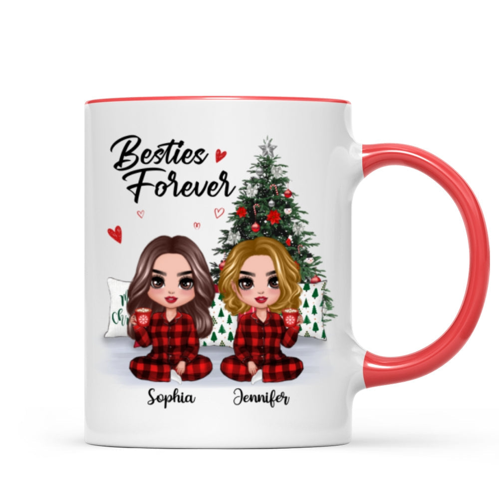 Christmas Pajamas Doll Besties Sisters Sitting Beside Christmas Tree Personalized Mug