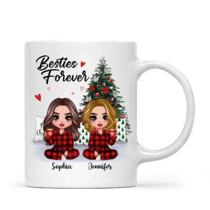 Christmas Pajamas Doll Besties Sisters Sitting Beside Christmas Tree Personalized Mug