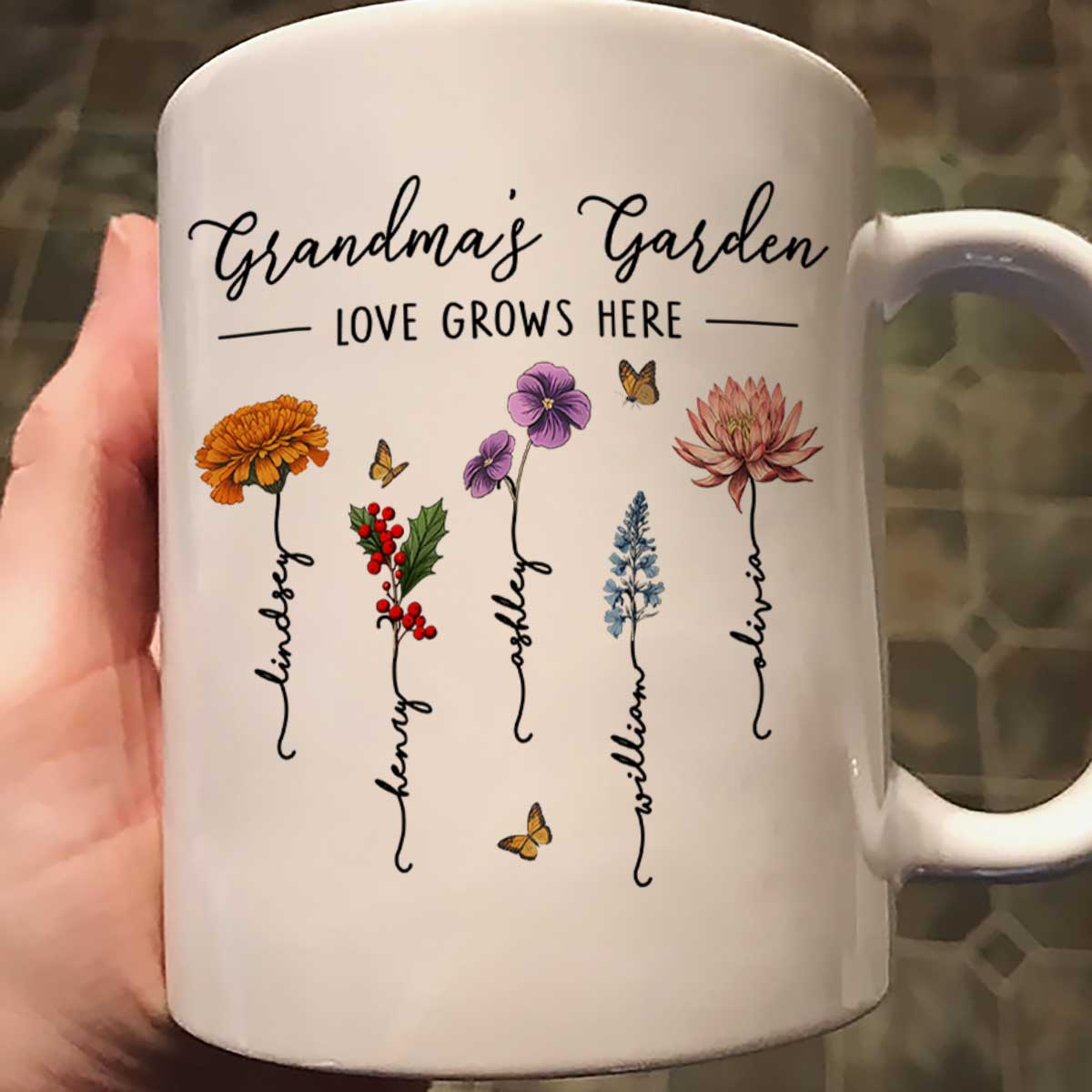 Grandma's Garden Love Grows Here Beautiful Birth Month Flower Gift For Grandma Mom Personalized Mug