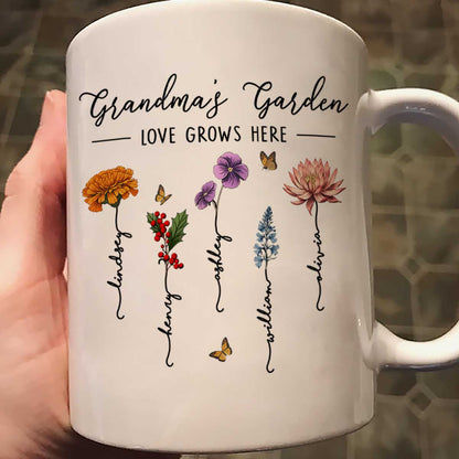 Grandma's Garden Love Grows Here Beautiful Birth Month Flower Gift For Grandma Mom Personalized Mug