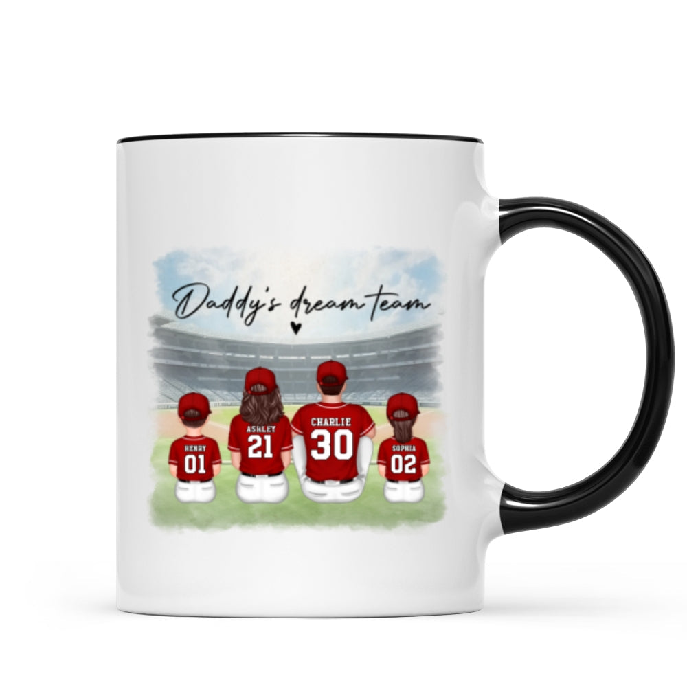 Daddy's Team Baseball Family Sitting Personalized Mug, Gift For Dad, Grandpa, Husband