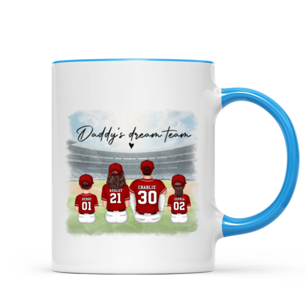 Daddy's Team Baseball Family Sitting Personalized Mug, Gift For Dad, Grandpa, Husband